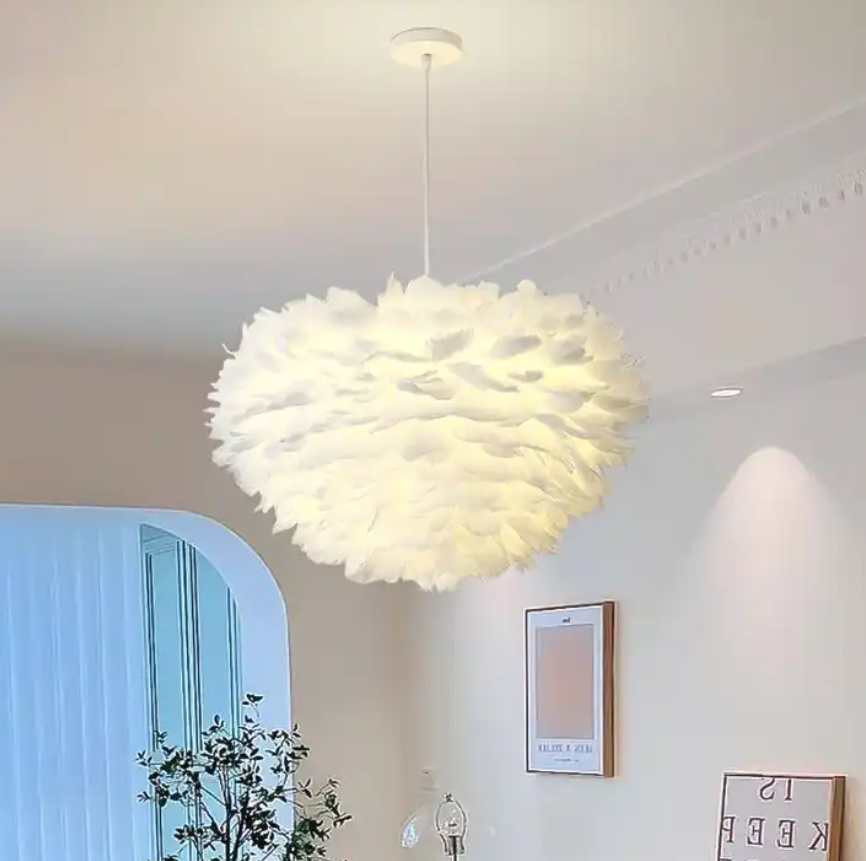 Contemporary Style Home Decoration Fixtures White Feather E27 Led Chandelier Pendant Light