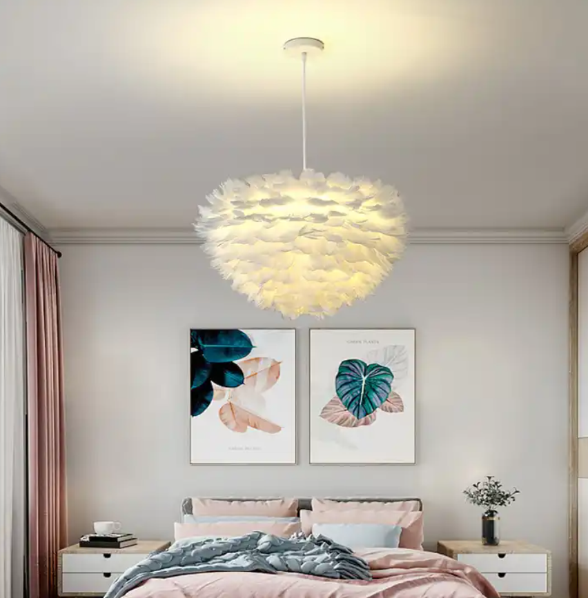 Contemporary Style Home Decoration Fixtures White Feather E27 Led Chandelier Pendant Light