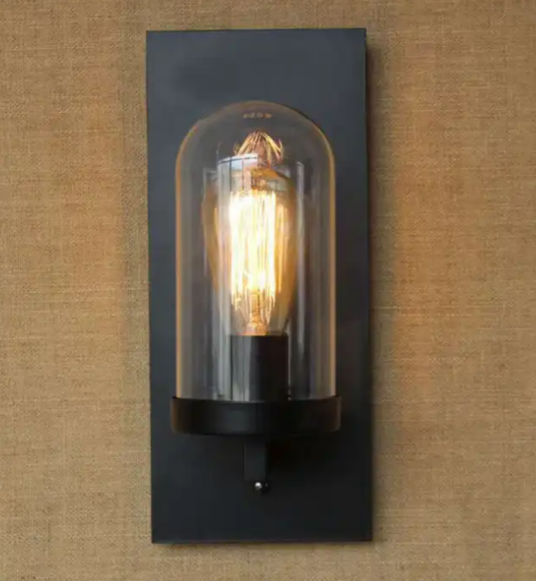 Industrial retro simple cafe shop bar hallway decorative lamp black metal glass shade LED wall lamp