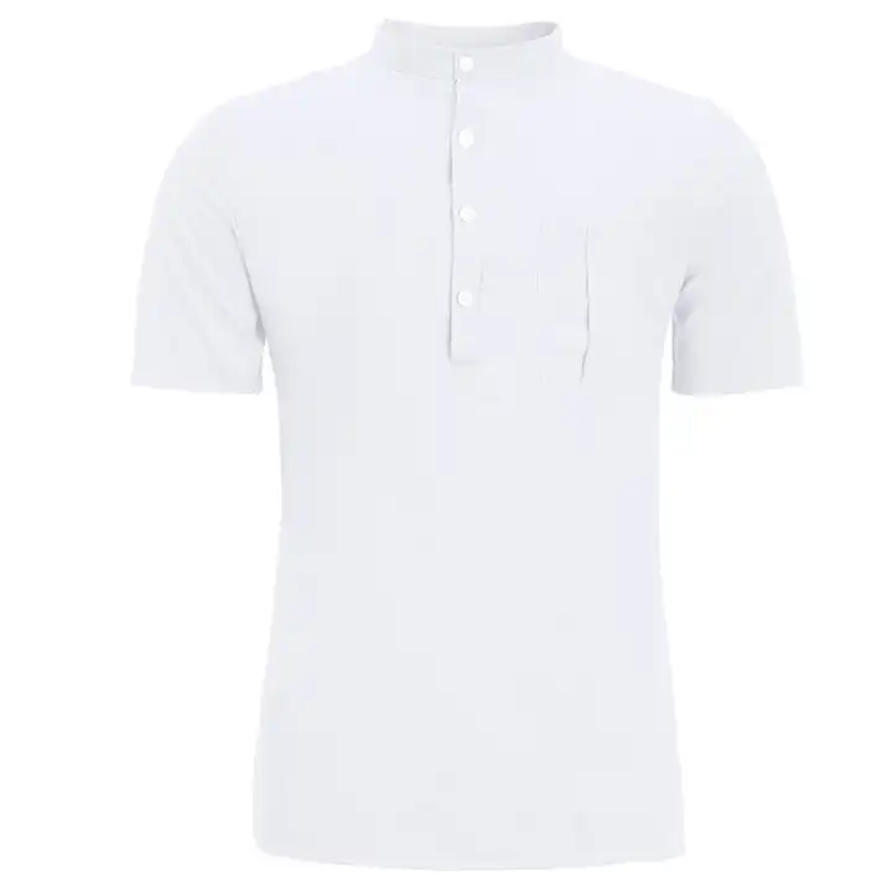 Plus Size 6XL Cotton Linen Casual Short Sleeve Button Up T-shirt Solid Color Stand-up Collar Slim Fit Shirt