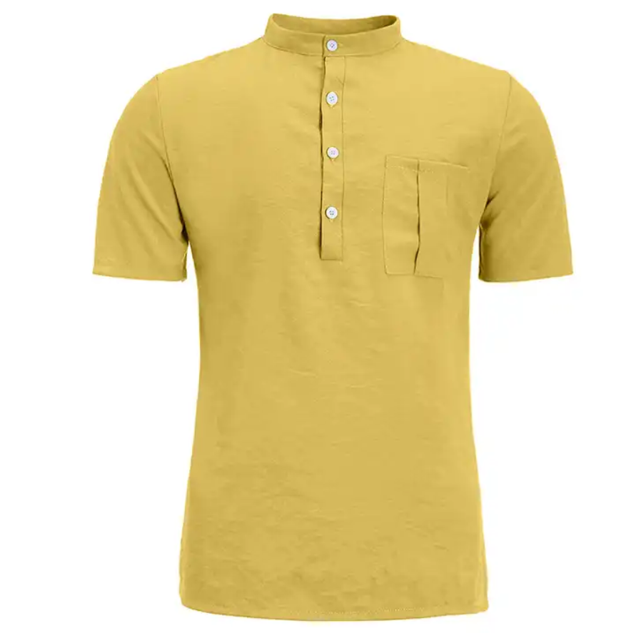 Plus Size 6XL Cotton Linen Casual Short Sleeve Button Up T-shirt Solid Color Stand-up Collar Slim Fit Shirt