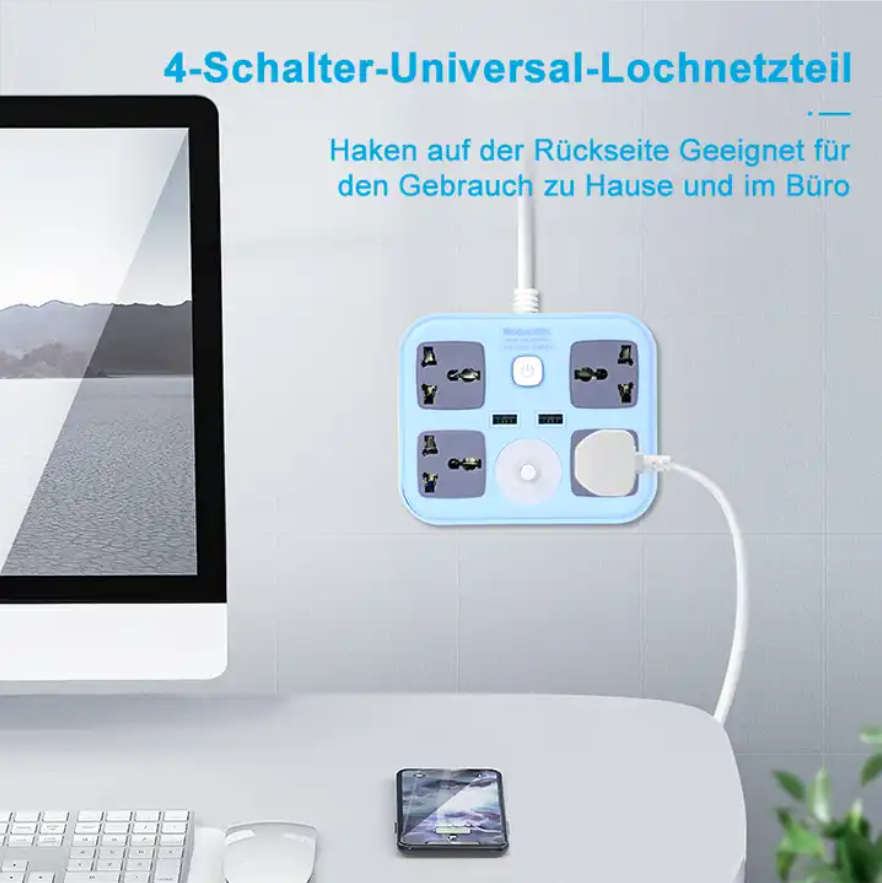 Gelistar Universal Extension Socket 4 Outlets 2 USB Port Power Socket with Switch