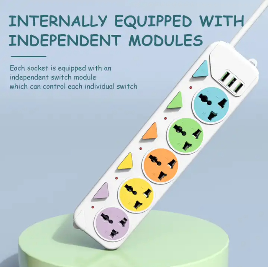High Quality 5Way Individual Switch colorful Power Strip 2M Cable Child Proofing Multiple Plug Extension Cord Socket with 3 USB