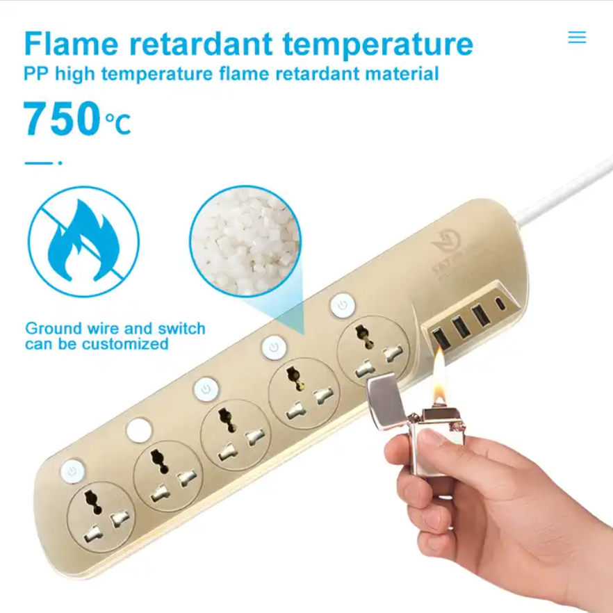 Universal Extension Socket 5 Outlets with 3 USB Port 1 Type-C With Individual Switch Power Socket