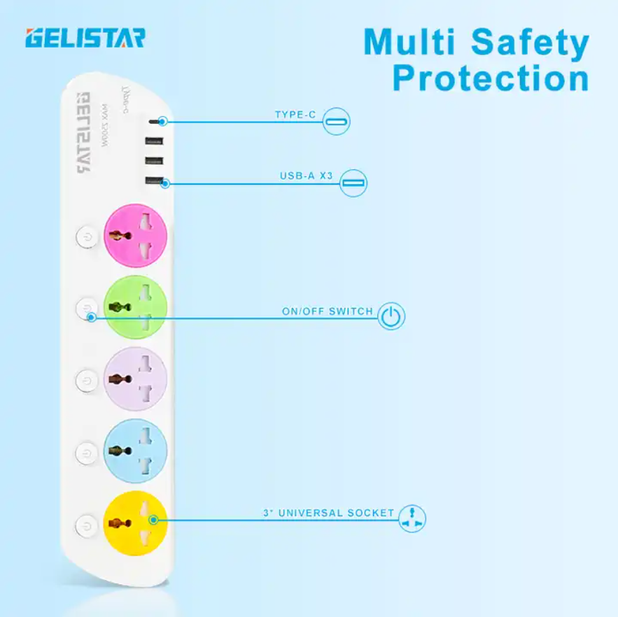 Universal Extension Socket 5 Outlets with 3 USB Port 1 Type-C With Individual Switch Power Socket