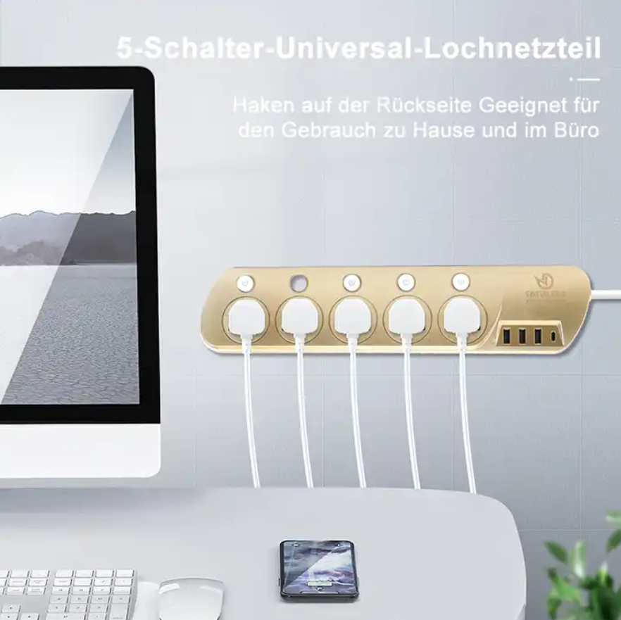 Universal Extension Socket 5 Outlets with 3 USB Port 1 Type-C With Individual Switch Power Socket