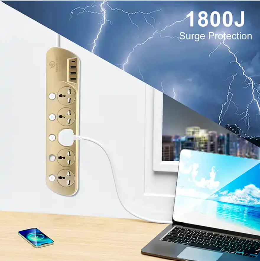 Universal Extension Socket 5 Outlets with 3 USB Port 1 Type-C With Individual Switch Power Socket