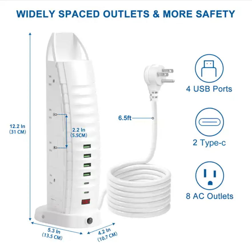 New Design US Socket 8 Outlet Power Strip Tower Surge Protector With USB Type C Port Power Strip