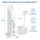 New Design US Socket 8 Outlet Power Strip Tower Surge Protector With USB Type C Port Power Strip