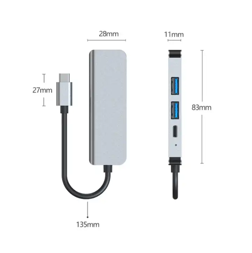 4 In 1 USB-C / Type-C + USB 3.0 + USB 2.0 + PD USB-C / Type-C Charging Ports Multifunctional HUB Docking Station