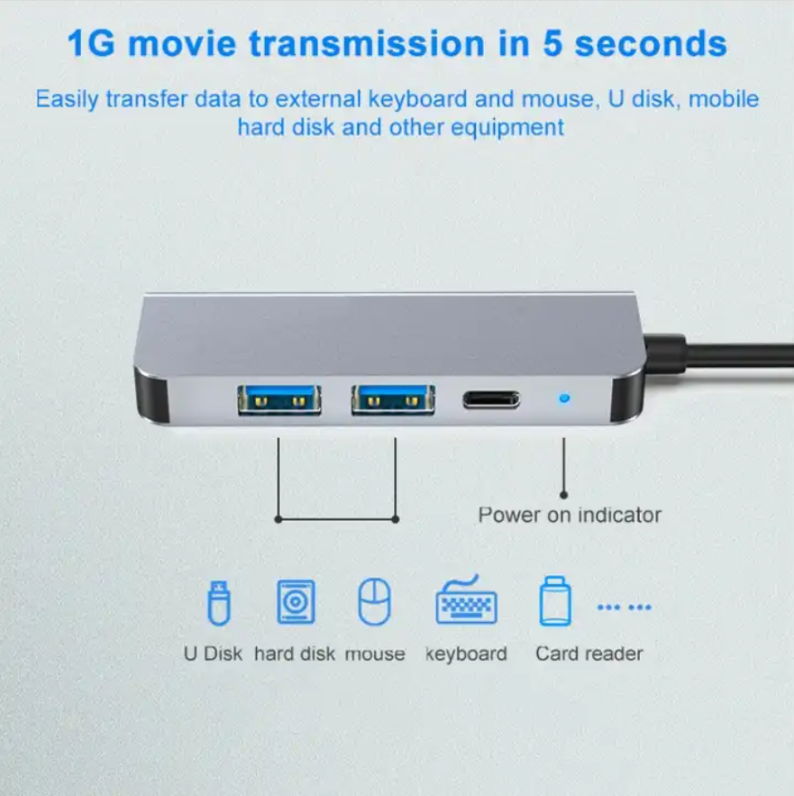 4 In 1 USB-C / Type-C + USB 3.0 + USB 2.0 + PD USB-C / Type-C Charging Ports Multifunctional HUB Docking Station