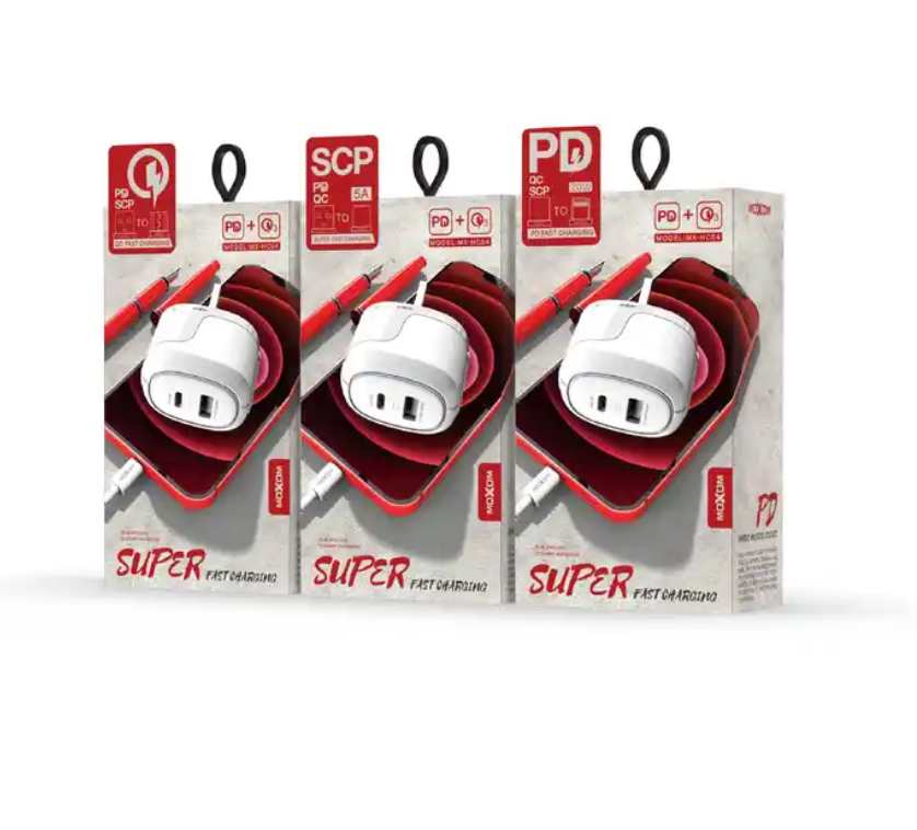 MOXOM Seeker PD QC SCP Home Charger Fast Charging Dual-Port USB Wall Charge With Cable Type-C Lightning Micro