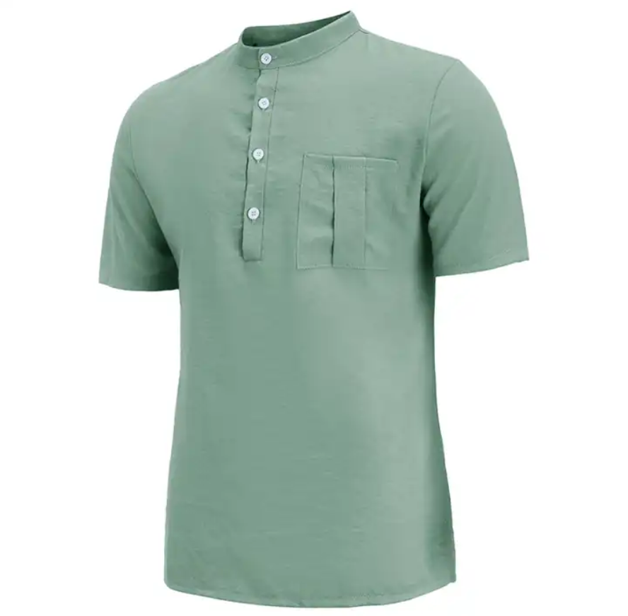 Plus Size 6XL Cotton Linen Casual Short Sleeve Button Up T-shirt Solid Color Stand-up Collar Slim Fit Shirt